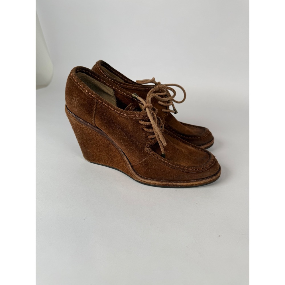 Frye Womens Cognac Brown Suede Lace Up Moc Toe Wedge Booties Shoes